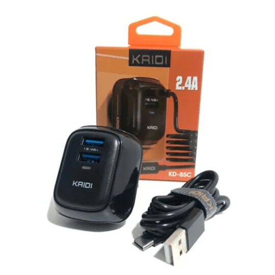 Carregador de Celular Kaidi 2.4A com 2 Portas Usb e Cabo Tipo C - KD-85C 