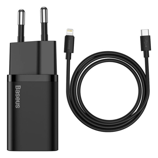 Carregador de Parede Tipo C Baseus Super Si Quick Charger 20W com Cabo (USB-C p/ Lightning 1 metro) 
Preto