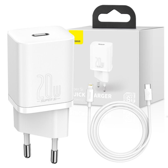 Kit Carregador de Parede Tipo C Baseus Super Si Quick Charger 20W c/ Cabo Branco