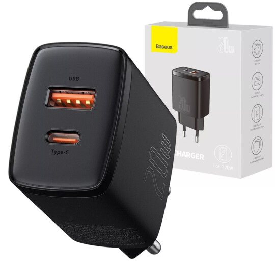 Carregador de Parede Baseus Compact Quick Charger U+C 20W Preto - CCCP20UE