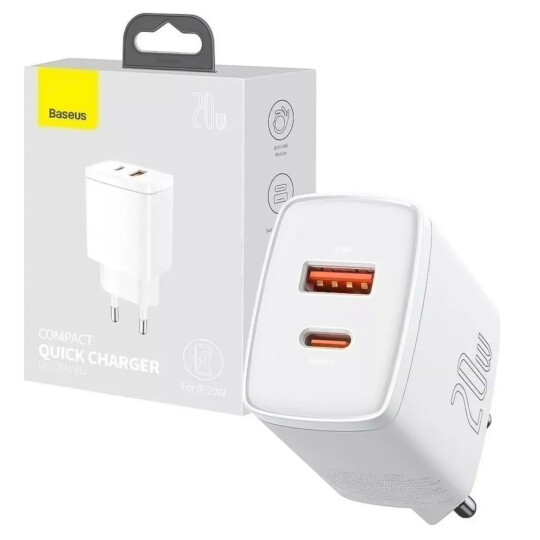 Carregador Rápido Baseus Compact U+C Combo 20W c/ cabo PD 20W Branco - CCCP20UE 