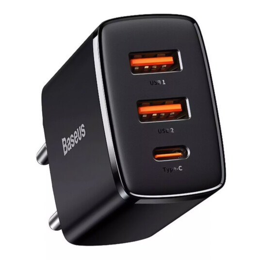 kit Carregador de Parede Baseus Compact Quick Charger 2U+C 30W Preto c/ cabo - CCCP30UB