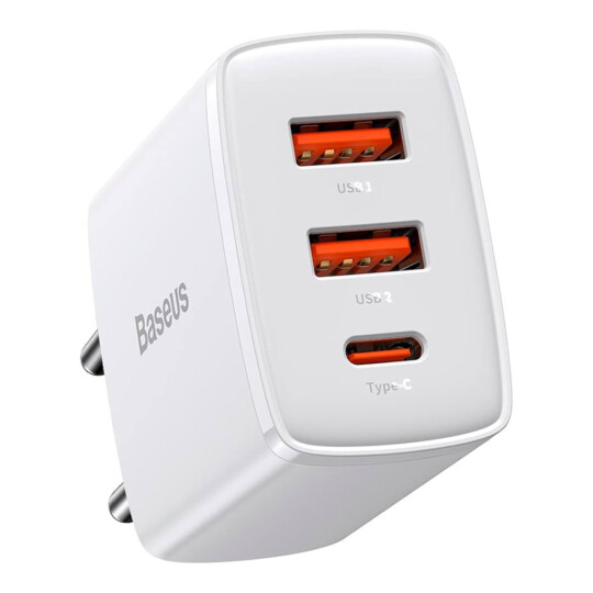 kit Carregador de Parede Baseus Compact Quick Charger 2U+C 30W C/ Cabo Branco - CCCP30UB