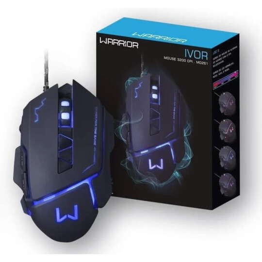 Mouse Gamer Usb Led Warrior Ivor 3200 dpi com 7 Botões - Preto Multilaser - MO261