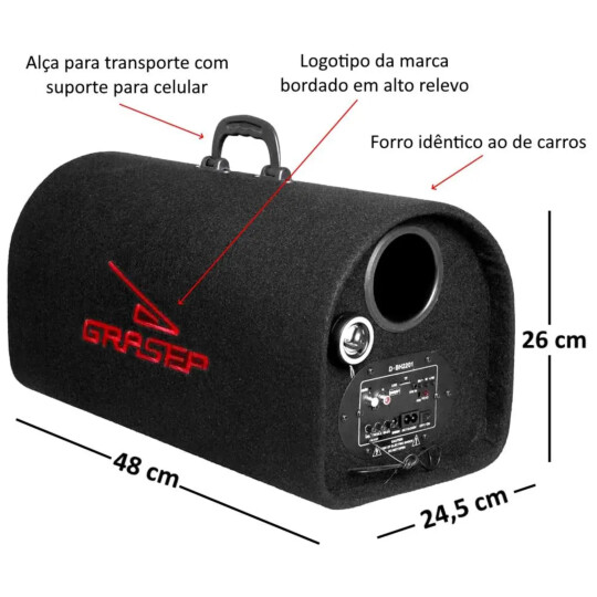 Caixa de Som Amplificada Bluetooth Usb Aux Com Alça 26x48x24cm Grasep - D-BH2201