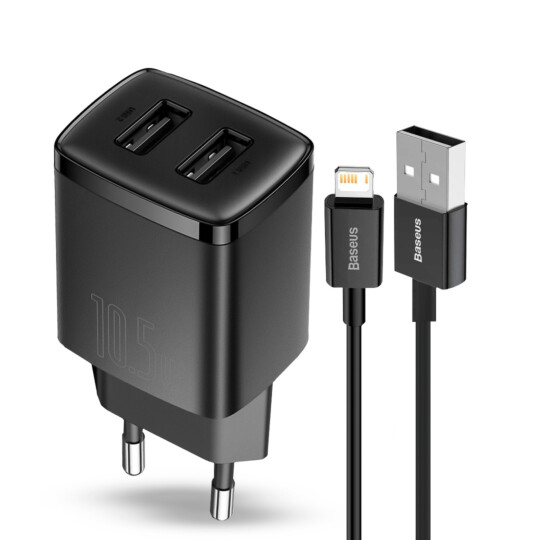 Carregador 2 Entradas USB Compact 10.5W Com Cabo Lightning Preto BASEUS - CCXJ070301