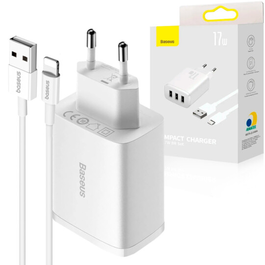 Carregador para Celular 17W 3 USB com Cabo Lightning Branco BASEUS - CCXJ070502