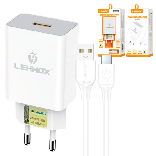 Carregador De Celular 3.1A USB Com Cabo Type-C LEHMOX - LE-509-4