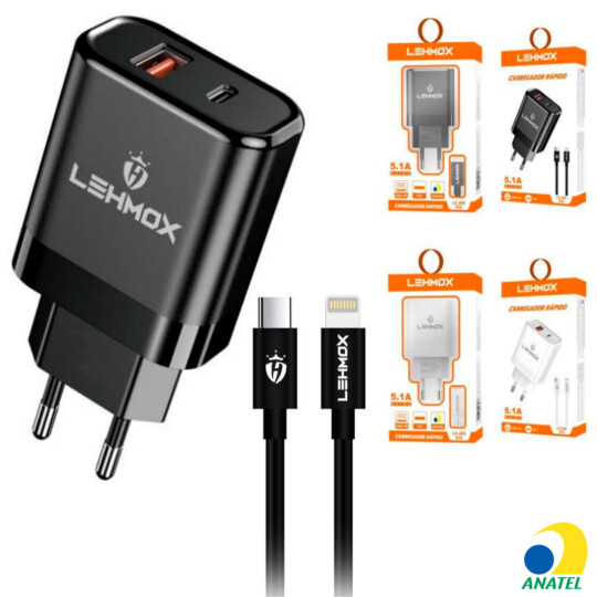 Carregador de Celular 5.1A PD+USB com Cabo Lightning Lehmox - LE-486 IOS