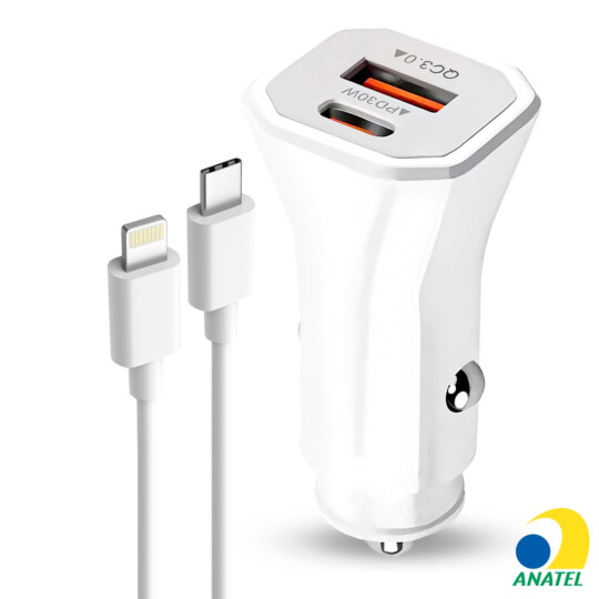 Carregador de Celular Veicular USB + Type-C PD 20W com Cabo Lightning LEHMOX - LE-355 IOS