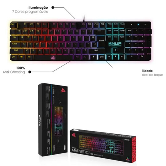 Teclado Mecanico Gamer RGB com Switch Blue e Anti-Ghosting KNUP - KP-TE114