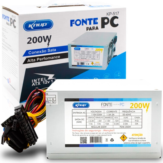 Fonte ATX 200W 24 pinos Bivolt Manual com Cabo - KP-517 CAIXA FECHADA com 10 UNIDADES