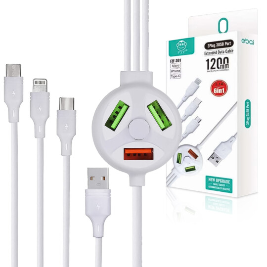 Cabo de Dados 6 em 1 com 3 Usb Type-c, V8, Lightning, 1,2 Metros - FZF-301