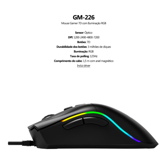 Mouse Gamer Xtrike-ME GM-226 Preto com Fio USB RGB 7200dpi 