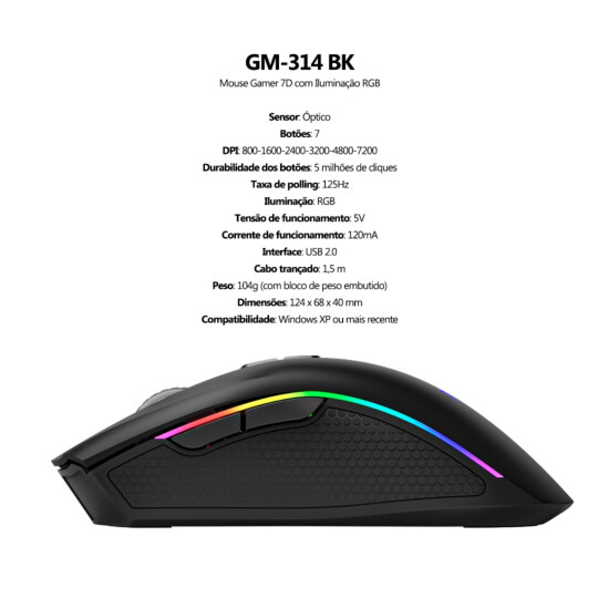 Mouse Gamer Xtrike-ME GM-314 BK Preto USB com RGB 7200dpi 