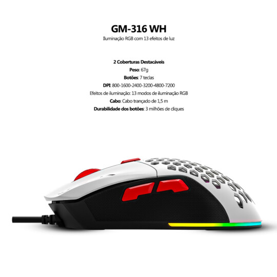 Mouse Gamer Customizável Xtrike-ME GM-316W Branco RGB 7200dpi