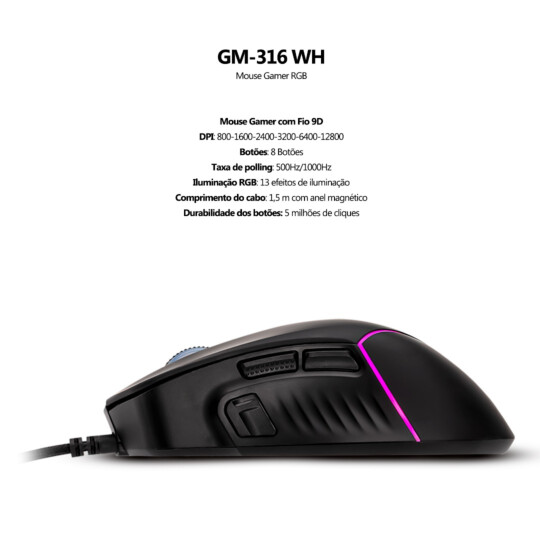 Mouse Gamer Xtrike-ME GM-320 Preto USB com 12800dpi Led RGB