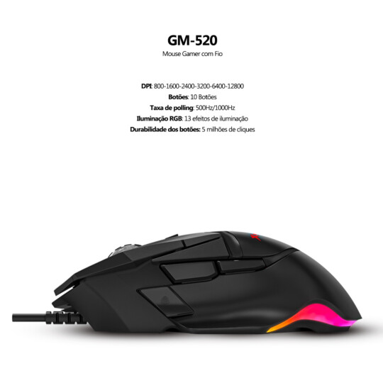 Mouse Gamer Xtrike-ME GM-520 USB com RGB 12800dpi 1000Mhz