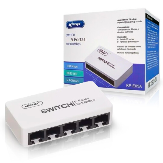 Hub Switch De Rede Com 5 Portas 10/100 Mbps Knup - KP-E05A