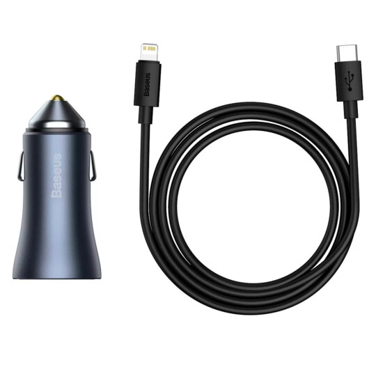 Kit Carregador Veicular Basues Golden U+C40W com Cabo Lightning p/ USB-C - TZCCJD-B0G