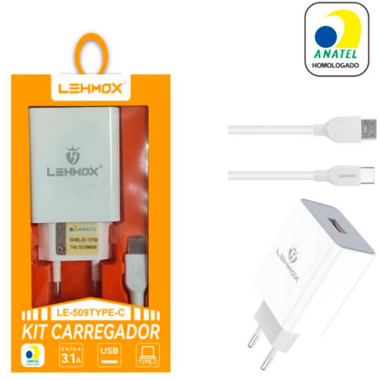 Carregador de Celular 3.1A Usb + Cabo Tipo C 1Metro LEHMOX - LE-509 TYPE-C