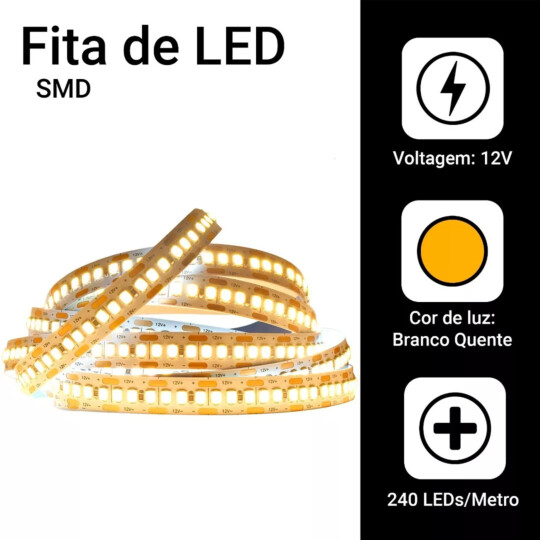 Fita de Led 3528 Branco Quente 3000k 240 Leds IP20 5 Metros - 3528-BQ-IP20-240L