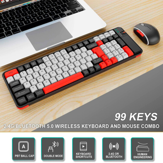 Kit Teclado e Mouse Sem Fio Bluetooth Wireless 2.4Ghz KNUP - KP-TE129 VERMELHO