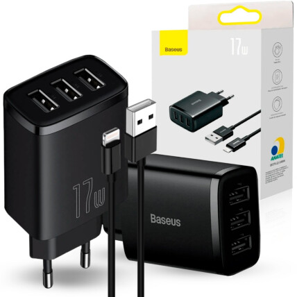 Carregador para Celular 17W 3 USB com Cabo Lightning Preto BASEUS - CCXJ070501