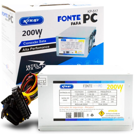 Fonte ATX 200W Sata 24 Pinos Bivolt Manual com Cabo de Alimentação KNUP - KP-517