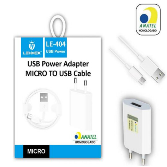 Kit Carregador Usb e Cabo V8 Micro Usb com Selo Anatel LEHMOX- LE-404MICRO