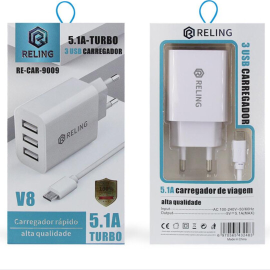 Carregador Turbo para Celular com 3 Portas Usb 5.1A + Cabo V8 - RE-CAR-9009