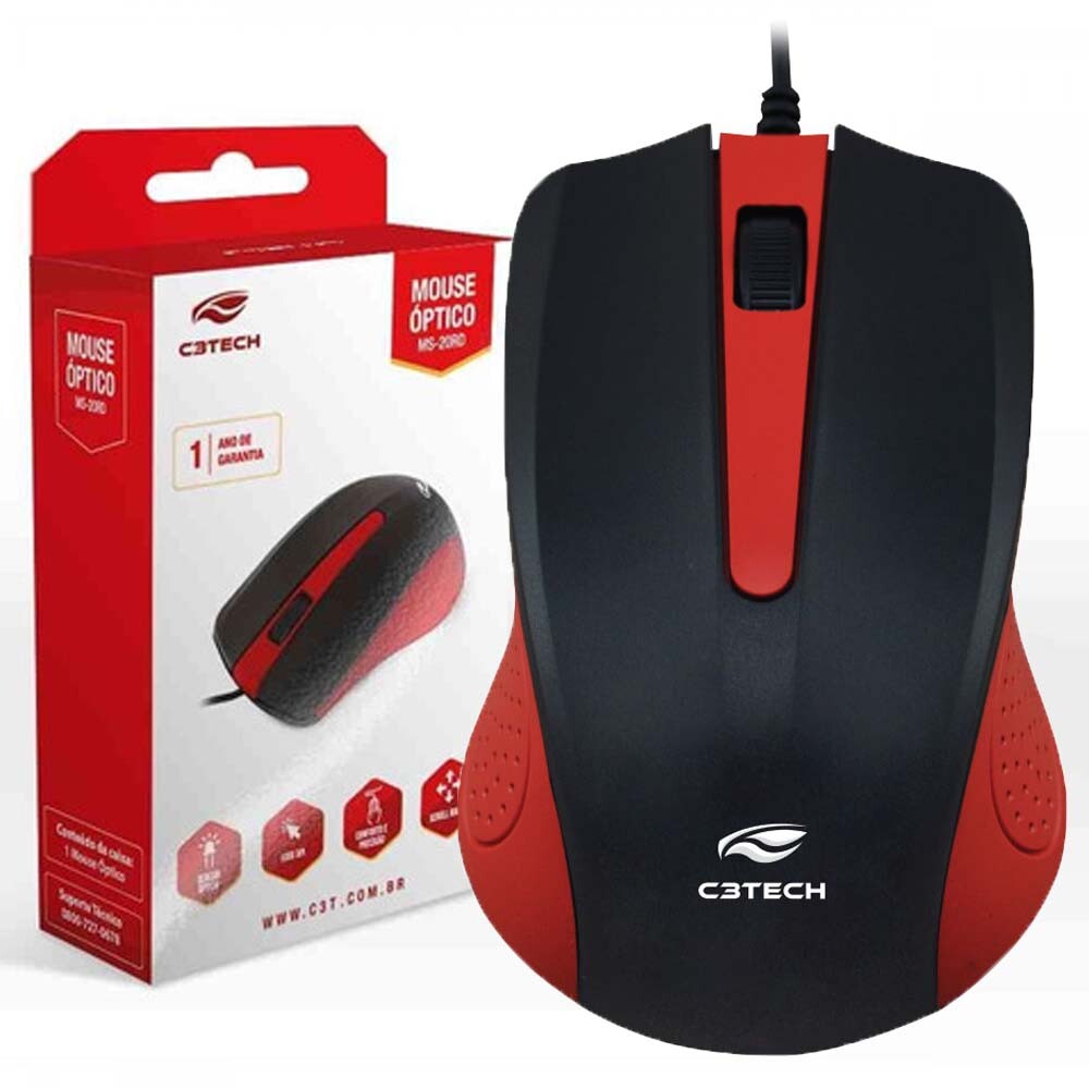 Mouse Óptico C3Tech Usb 1000 dpi Vermelho - MS-20RD