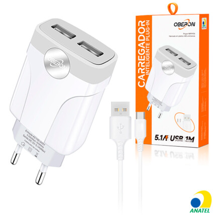 Carregador de Celular 5.1A com 2 Portas USB  e Cabo Tipo-C OBERON - OR-IC020/C