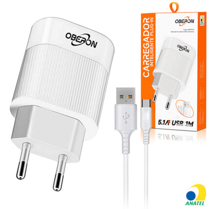 Carregador de Celular 5.1A com 2 Portas USB e Cabo Tipo-C OBERON - OR-IC022/C