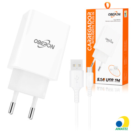 Carregador de Celular 5.1A com 2 Portas USB e Cabo V8 OBERON - OR-IC021/M