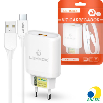 Carregador de Celular USB 3.1A com Cabo Type-C 1 Metro LEHMOX - LE-521 TYPEC