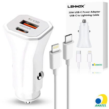 Carregador de Celular Veicular USB + Type-C PD 20W com Cabo Lightning LEHMOX - LE-355 IOS