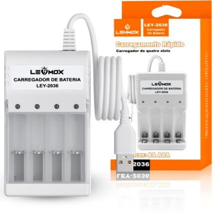 Carregador de Pilhas e Baterias AA / AAA USB com 4 Slots LEHMOX - LEY-2036