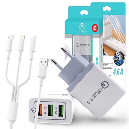 Carregador de Celular 4.6A 4 USB e Cabo 3 em 1 V8, Type-c, Lightning - FZF-04VGT