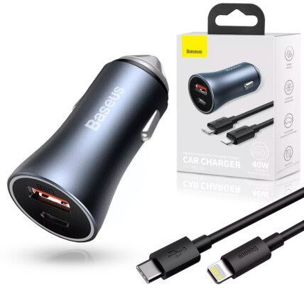 Kit Carregador Veicular Basues Golden U+C40W com Cabo Lightning p/ USB-C - TZCCJD-B0G